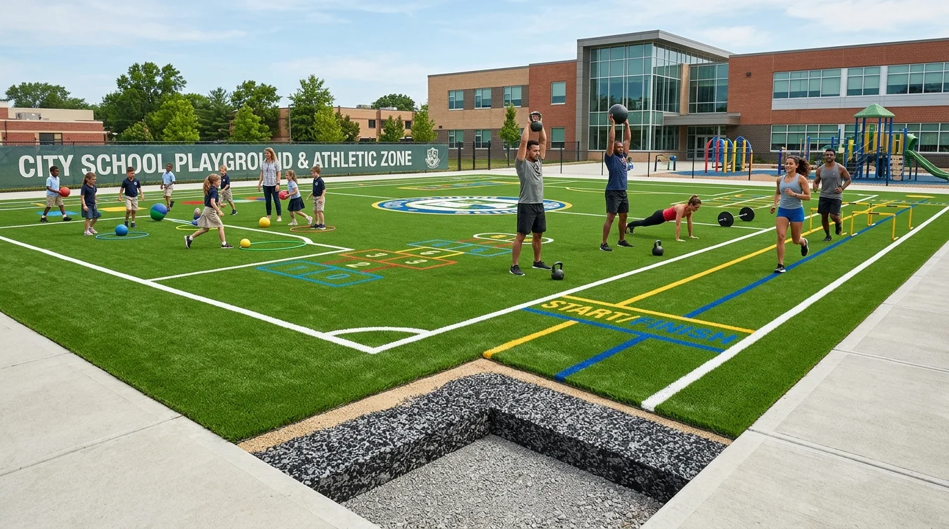 Grass Sintético para Colegios y Zonas de Crossfit: Seguridad Infantil y Alto Tráfico (vs ICSE Grass)