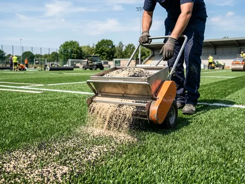 Dosificación e infill mecánico de arena de sílice clasificada y caucho granulado criogénico SBR bajo normas FIFA Quality en Perú