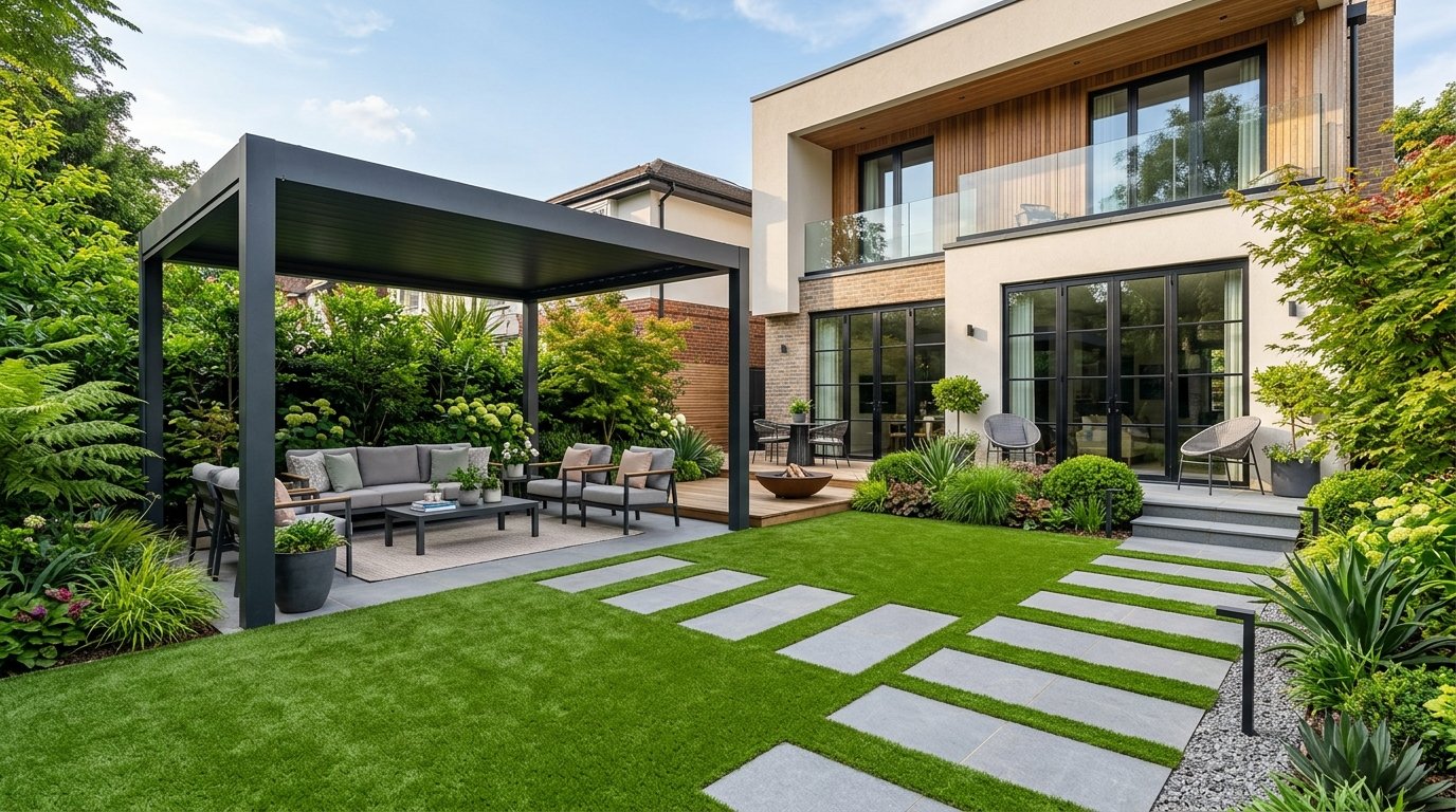 Jardín moderno con grass sintético decorativo de 40mm instalado por SISSA GRASS en Lima