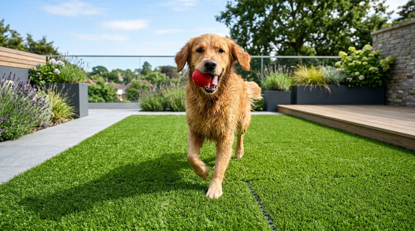 Perros jugando en jardín con grass sintético para mascotas de SISSA GRASS en Lima