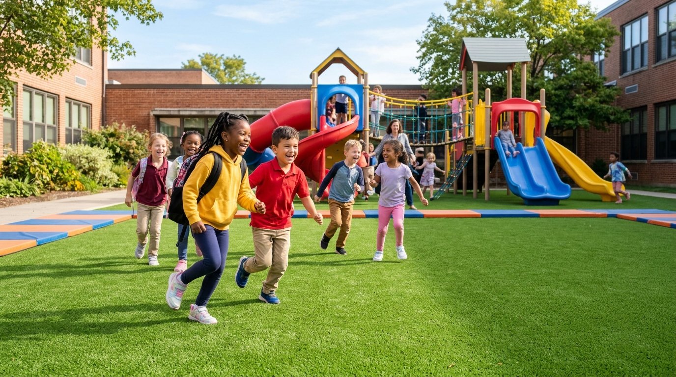 Niños jugando felices y seguros en parque infantil con grass sintético de SISSA GRASS en Lima