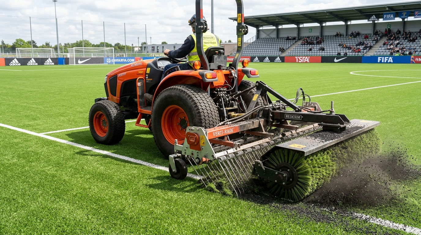 Descompactación mecánica de infill de caucho y arena con rastras de púas flexibles en canchas sintéticas de fútbol en Perú